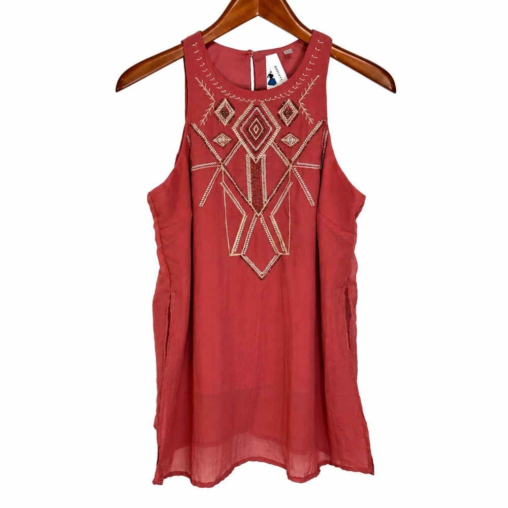 Society Girl Terracotta Embroidered Beaded Halter Tank Top Size M F7P5021GJI
